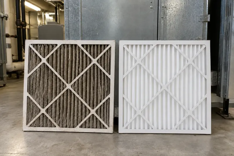A clogged air filter next to a clean one