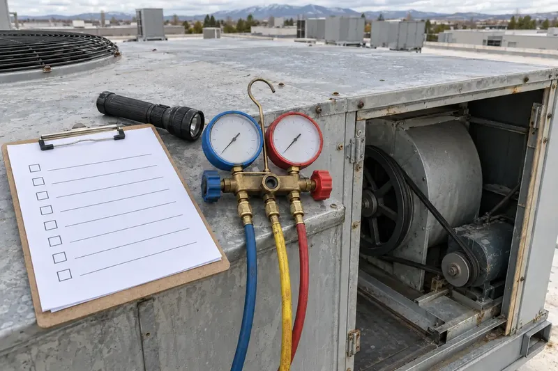 An inspection checklist and gauges on a rooftop unit