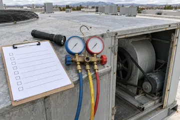 An inspection checklist and gauges on a rooftop unit