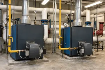 Two gas fired boilers in a commercial mechanical room