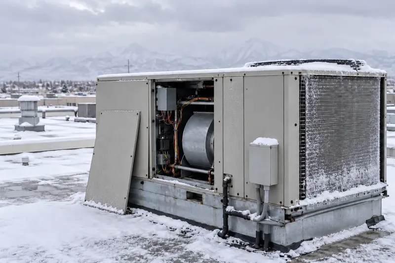 A rooftop unit with snow on it, ready for winter startup