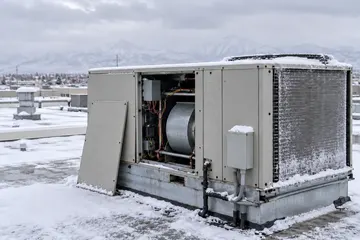A rooftop unit with snow on it, ready for winter startup